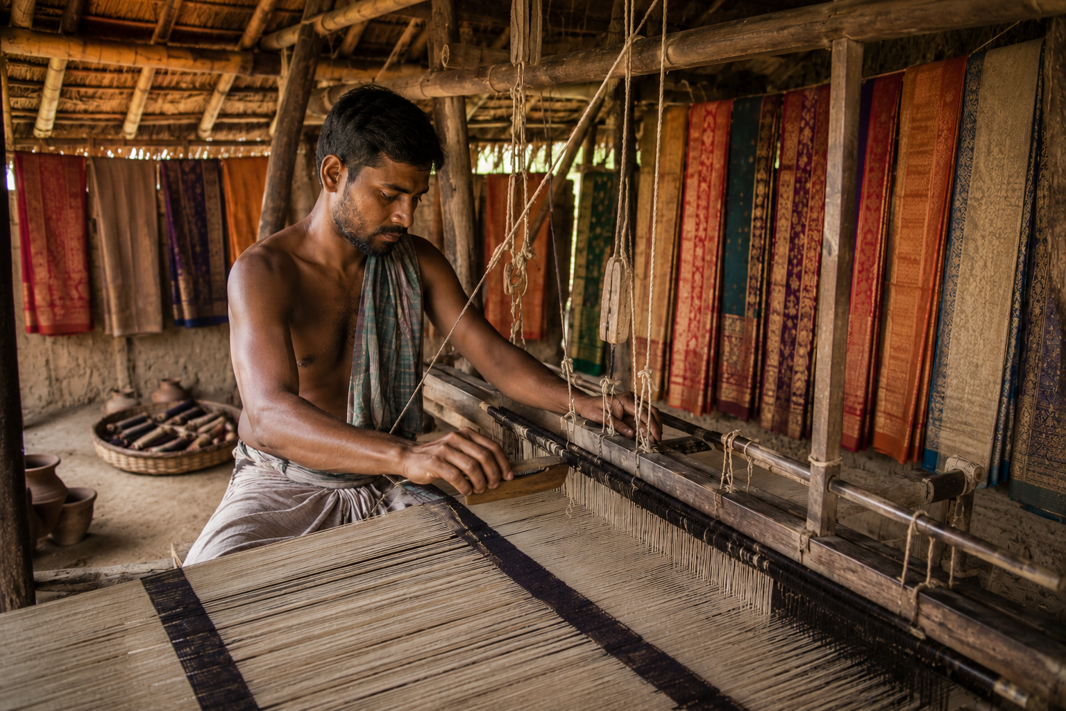 Handloom weaver at a traditional wooden loom in rural Bangladesh